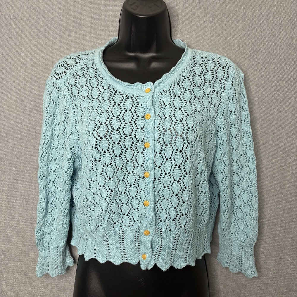 Vintage Y2k Apostrophe Blue Crochet Open Knit Cropped Cardigan Festival Boho L